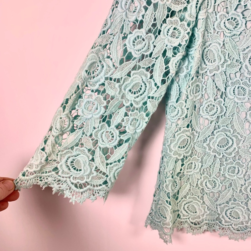 Talbots Spring teal blue/green boho crochet/lace long sleeve blouse cottagecore - Picture 4 of 12